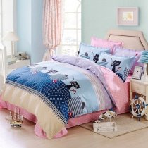 Girls Deep Blue Pink and Black Cat Print Polka Dot Design Cute and Stylish Cartoon Themed 100% Cotton Twin, Full Size Bedding Sets