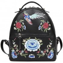 Black Patent Leather Girls Small Casual Hiking Travel Backpack Vintage Embroidered Folklore Flower and Bird Pattern 12 Inch Laptop Bag