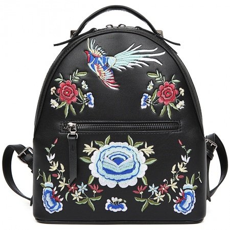 Black Patent Leather Girls Small Casual Hiking Travel Backpack Vintage Embroidered Folklore Flower and Bird Pattern 12 Inch Laptop Bag
