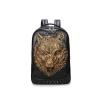 Vintage Black Leather Embossed Metallic Gold Wolf Head Boys School Book Bag Punk Rock and Roll Spike Rivet Studded Large Travel Backpack