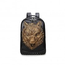 Vintage Black Leather Embossed Metallic Gold Wolf Head Boys School Book Bag Punk Rock and Roll Spike Rivet Studded Large Travel Backpack