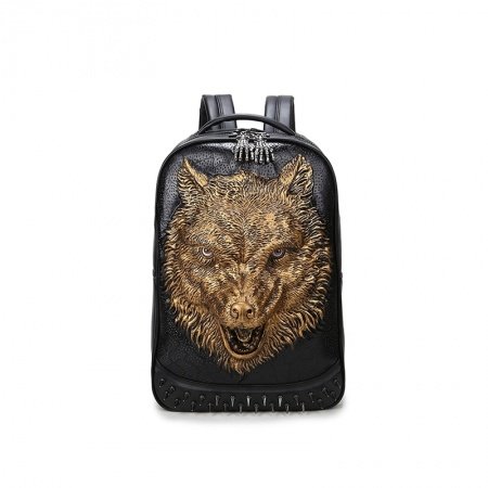 Vintage Black Leather Embossed Metallic Gold Wolf Head Boys School Book Bag Punk Rock and Roll Spike Rivet Studded Large Travel Backpack