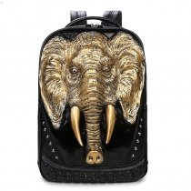 Vintage Black Leather Embossed Metallic Gold Elephant Boys School Book Bag Rock and Roll Style Spike Rivet Studded Large Travel Backpack