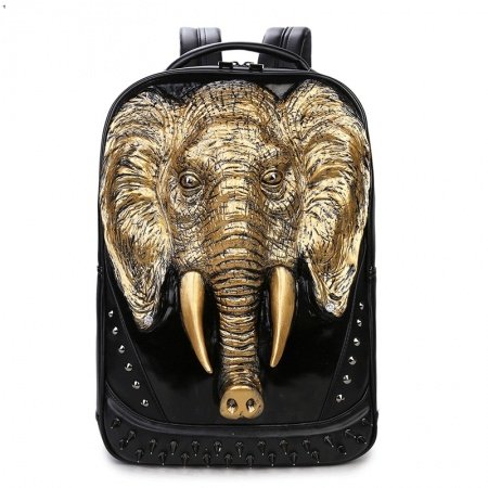 Vintage Black Leather Embossed Metallic Gold Elephant Boys School Book Bag Rock and Roll Style Spike Rivet Studded Large Travel Backpack