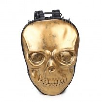 Metallic Gold Leather Spike Rivet Studded Travel Backpack Personalized Punk Rock and Roll Style Embossed Skull-shaped Boys School Book Bag
