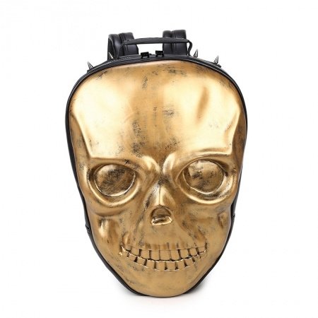 Metallic Gold Leather Spike Rivet Studded Travel Backpack Personalized Punk Rock and Roll Style Embossed Skull-shaped Boys School Book Bag