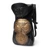 Black Embossed Leather Gold Owl Pattern Men Travel Laptop Backpack Personalized Spikes Skull Rivet Studded School Book Bag with Hat