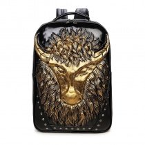 Metallic Gold Black Leather Cool Men Large Travel Backpack Punk Style Embossed Cape Buffalo Rivet Studded School Campus Book Bag