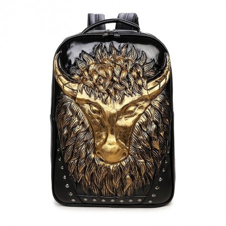 Metallic Gold Black Leather Cool Men Large Travel Backpack Punk Style Embossed Cape Buffalo Rivet Studded School Campus Book Bag
