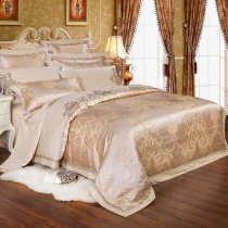 Boutique Champagne Gold Ethnic Inspired Indian Tribal Pattern Embroidered Design Jacquard Satin Full, Queen Size Bedding Sets