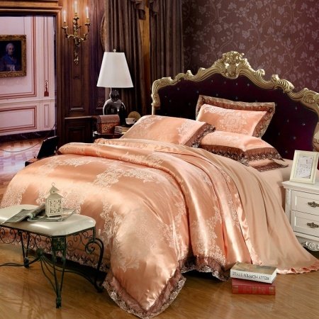 Rose Gold Indian Tribal Pattern Glitter Style Bohemian Chic Classic Lace Design Luxury Jacquard Satin Full, Queen Size Bedding Sets