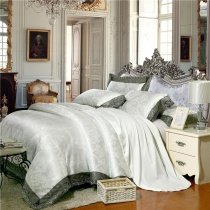 Off-White and Grey Victorian Pattern Bohemian Style Wedding Themed Elegant Luxury Jacquard Satin Fabric Full, Queen Size Bedding Sets