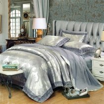 Silver and Slate Gray Classic Indian Pattern Retro Style Western Style Luxury Jacquard Satin Full, Queen Size Bedding Sets