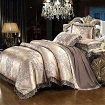 Gold and Coffee Rococo Pattern Abstract Design Vintage BOHO Style Jacquard Satin Full, Queen Size Bedding Sets for Adult