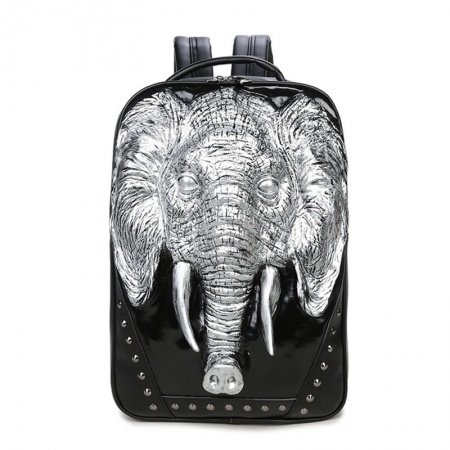 Black Patent Leather with Metallic Silver Elephant Boys School Campus Book Bag Punk Style Rivet Studded Casual Travel Laptop Backpack