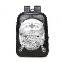 Punk Style Metallic Silver Black Leather Cool Men Travel Backpack Personalized Embossed Cross Dog Rivet Studded School Campus Book Bag