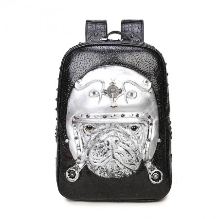 Punk Style Metallic Silver Black Leather Cool Men Travel Backpack Personalized Embossed Cross Dog Rivet Studded School Campus Book Bag