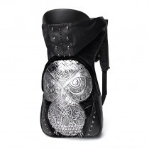 Black Embossed Leather Silver Owl Pattern Masculine Travel Backpack Punk Style Spikes Skull Rivet Studded School Book Bag with Hat