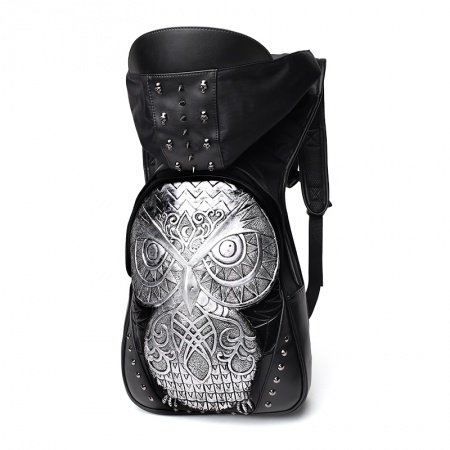 Black Embossed Leather Silver Owl Pattern Masculine Travel Backpack Punk Style Spikes Skull Rivet Studded School Book Bag with Hat