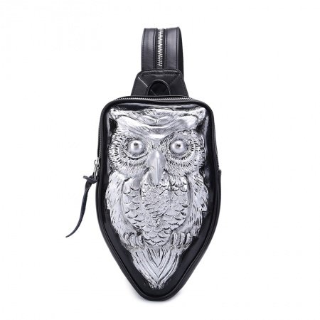 Black Patent Embossed Metallic Silver Owl Lady Crossbody Shoulder Chest Bag Punk Rock and Roll Rhinestone Small Travel Sling Backpack