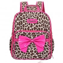 Coffee Brown Beige Polyester with Hot Pink Leather Bow Trim Cute Girls School Book Bag Personalized Leopard Print Preppy Campus Backpack
