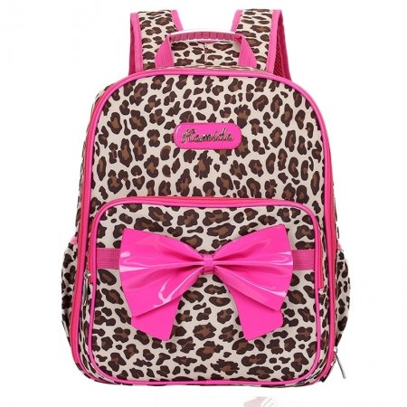 Coffee Brown Beige Polyester with Hot Pink Leather Bow Trim Cute Girls School Book Bag Personalized Leopard Print Preppy Campus Backpack