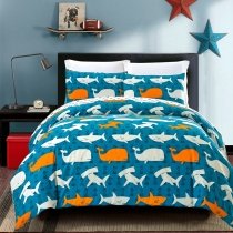 Ocean Fish Shark and Whale Print 100% Cotton Twin, Full, Queen Size Bedding Sets