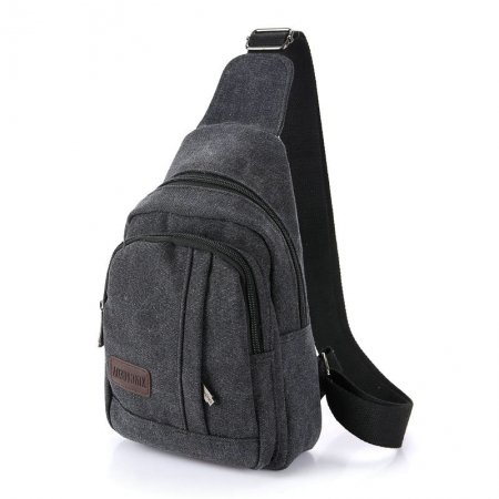 Vintage Solid Black Canvas Masculine Men Crossbody Shoulder Chest Bag Durable Sewing Pattern Casual Travel Hiking Sling Backpack