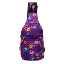 Grape Purple Nylon Elegant Women Small Crossbody Shoulder Chest Bag Unique Monogrammed Mushroom Leaf Print Casual Travel Sling Backpack