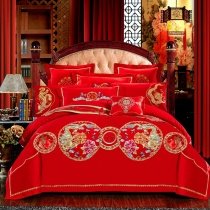 Noble Excellence Red Gold Pink and Aqua Embroidered Dragon and Peony Print Chinese Wedding Themed Full, Queen Size Bedding Sets