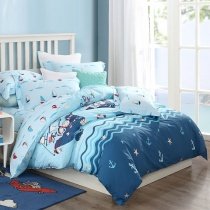 Naby Blue White Red and Aqua Pirate Sailboat Anchor Whale Starfish Print Ocean Nautical Themed Kids Twin, Full, Queen Size Bedding Sets