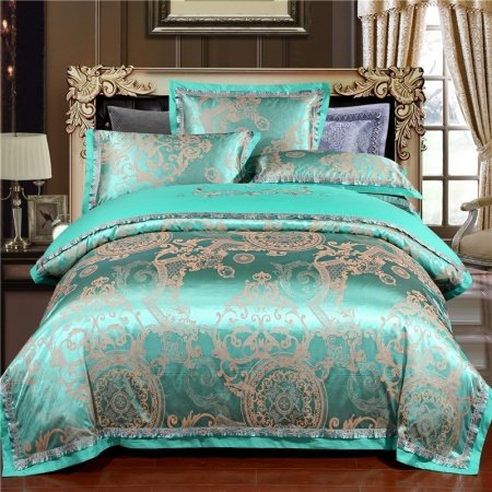 Emerald Green and Gold Indian Inspired Exotic Bohemian Style Royalty Luxury Jacquard Satin Full, Queen Size Bedding Sets