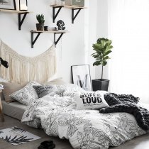 Hipster Black and White Sketch Leaf Print Shabby Chic Unique Abstract Twin, Full, Queen Size Bedding Sets for Teens