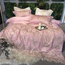 Sophisticated Elegant Blush Pink and Gold Vintage Embroidered Applique Victorian Lace Romantic Shabby Chic Full, Queen Size Bedding Sets