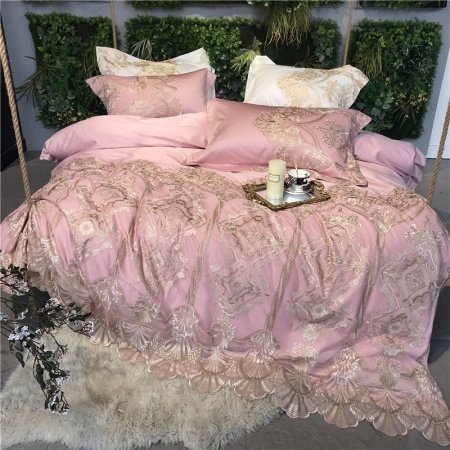 Sophisticated Elegant Blush Pink and Gold Vintage Embroidered Applique Victorian Lace Romantic Shabby Chic Full, Queen Size Bedding Sets