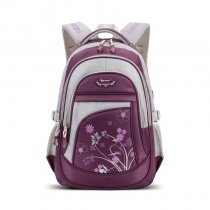Burgundy Red and Silver Polyester Girls Pupil Preppy School Book Bag Lightweight Floral Print Kids Campus Backpack