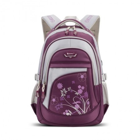 Burgundy Red and Silver Polyester Girls Pupil Preppy School Book Bag Lightweight Floral Print Kids Campus Backpack