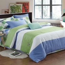 Green White and Blue Rugby Stripe Print Simply Modern Chic Soft Full, Queen Size Bedding Sets for Tween, Boys, Kids