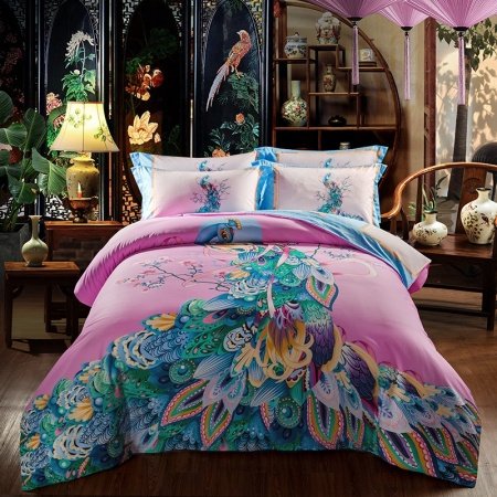 Fancy Blue Yellow Purple and Pink Peacock Print Beautifully Exotic Elegant Girls Full, Queen Size Bedding Sets