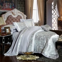 Gray and Silver Fancy Gothic Pattern Shabby Chic Masculine Sequin Jacquard Satin Adults Full, Queen Size Bedding Sets