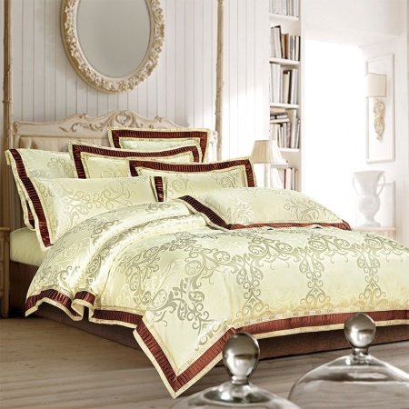 Rustic Western Cream and Brown Gothic Pattern Scroll Print Bohemian Shabby Chic Luxury Jacquard Satin Full, Queen Size Bedding Sets