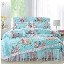 Tiffany Blue Pink and Green French Country Floral Print Romantic Shabby Chic Ruffle Lace Twin, Full, Queen Size Wedding Bedding Sets