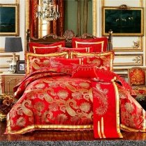 Red and Gold Western Paisley and Bohemian Tribal Print Vintage Shabby Chic Embroidered Wedding Themed Full, Queen Size Bedding Sets