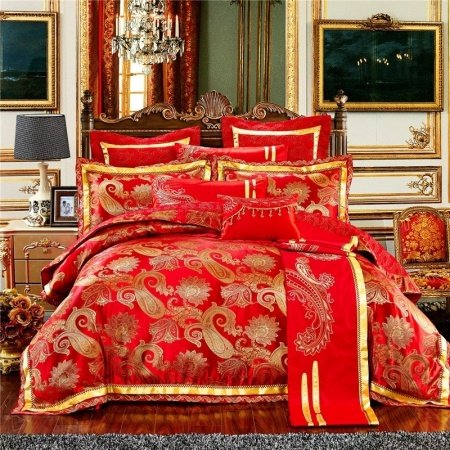 Red and Gold Western Paisley and Bohemian Tribal Print Vintage Shabby Chic Embroidered Wedding Themed Full, Queen Size Bedding Sets