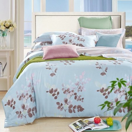 Vintage Light Blue Yellow and Coffee Brown Botanical Leaf Print Tree Top Tropical Hawaiian Luxury Soft Tencel Full, Queen Size Bedding Sets