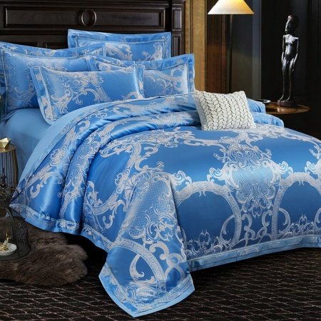 Ice Blue and Silver Rococo Pattern Fancy Bohemian Style Full, Queen Size Bedding Sets