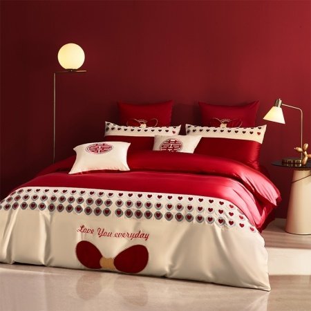 Red and Beige Love Heart Pattern Romantic Noble Excellence Wedding Style Embroidered Full, Queen Size Bedding Sets