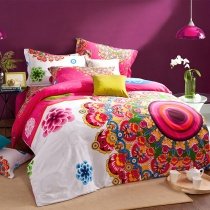 Pink White and Orange Bright Colorful A Peacock in His Pride Exotic Tribal 100% Brushed Cotton Full, Queen Size Bedding Sets