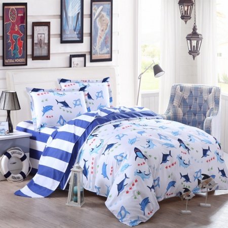 Cobalt Blue and White Shark Fish Ocean Wonders Marine Life and Stripe Print Cute Kids Boys Girls Full Size Bedding Sets