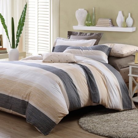 Charcoal Gray Cream and White Rugby Stripe Shabby Chic 100% Cotton Full, Queen Size Boys Bedroom Bedding Sets